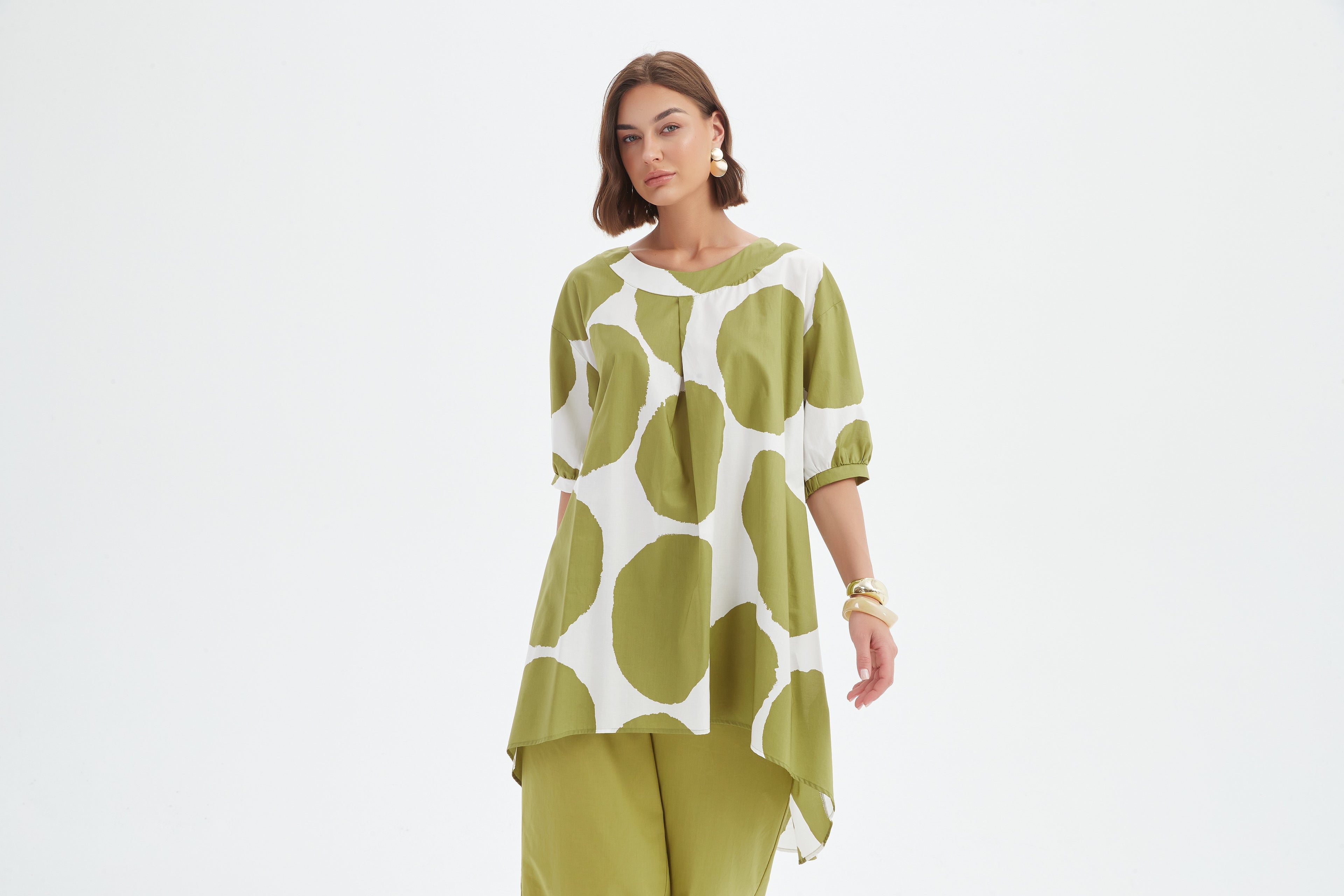 Pleat Front Print Tunic - Chartreuse/White Spot