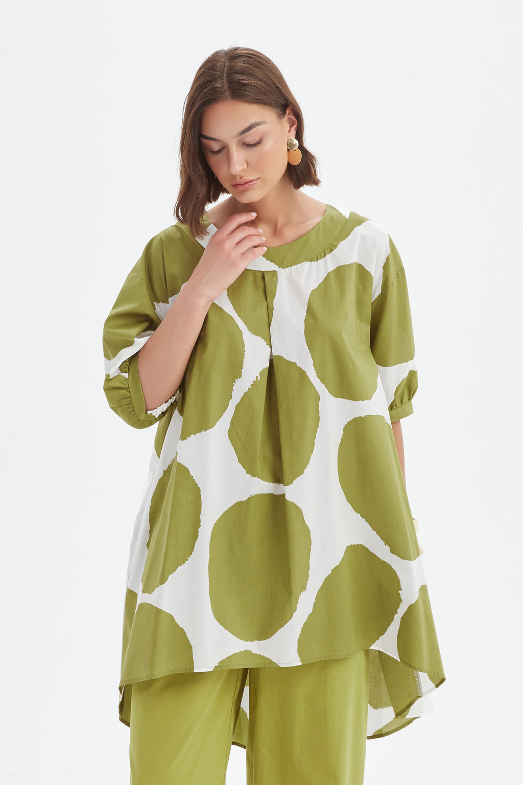 Pleat Front Print Tunic - Chartreuse/White Spot