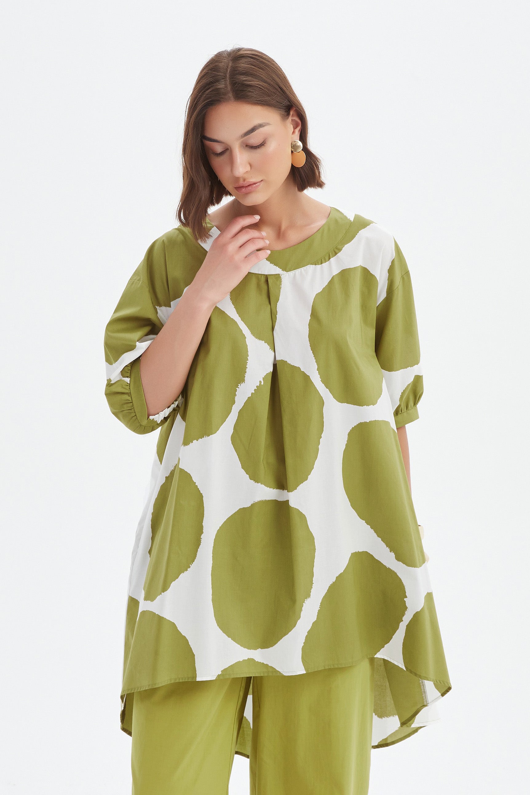 Pleat Front Print Tunic - Chartreuse/White Spot