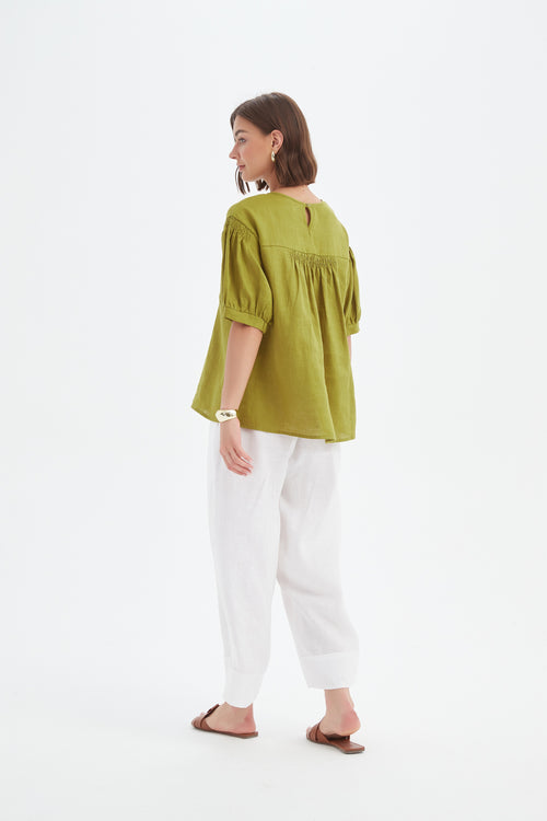 Bishop Sleeve Shirring Top - French Chartreuse
