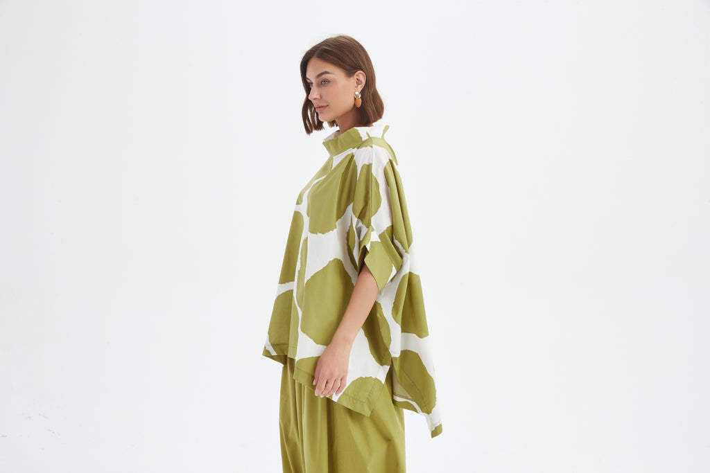 Structured Neck Print Tunic - Chartreuse/White Spot