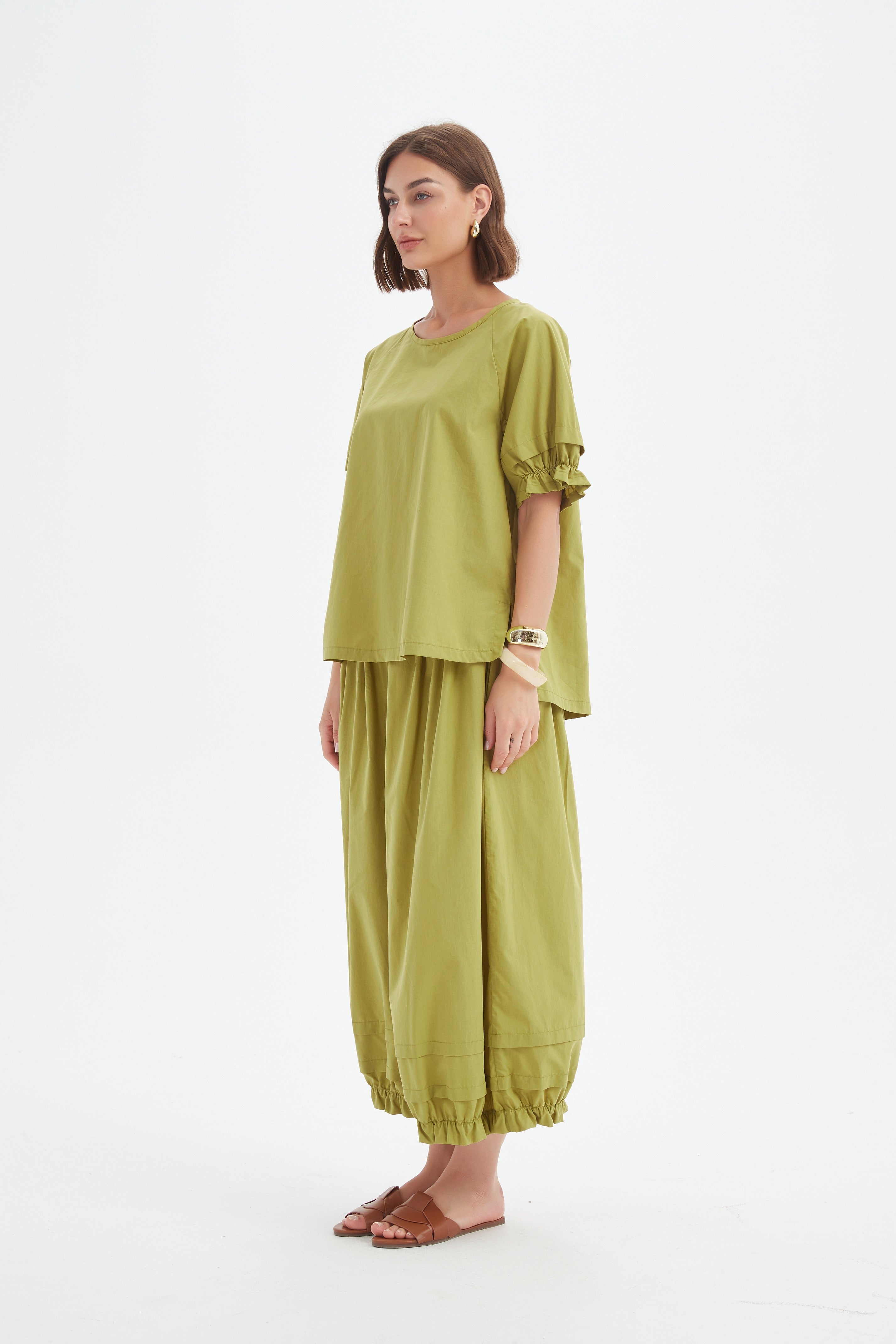Ruffle Sleeve Lyocell Top - Spilt Pea