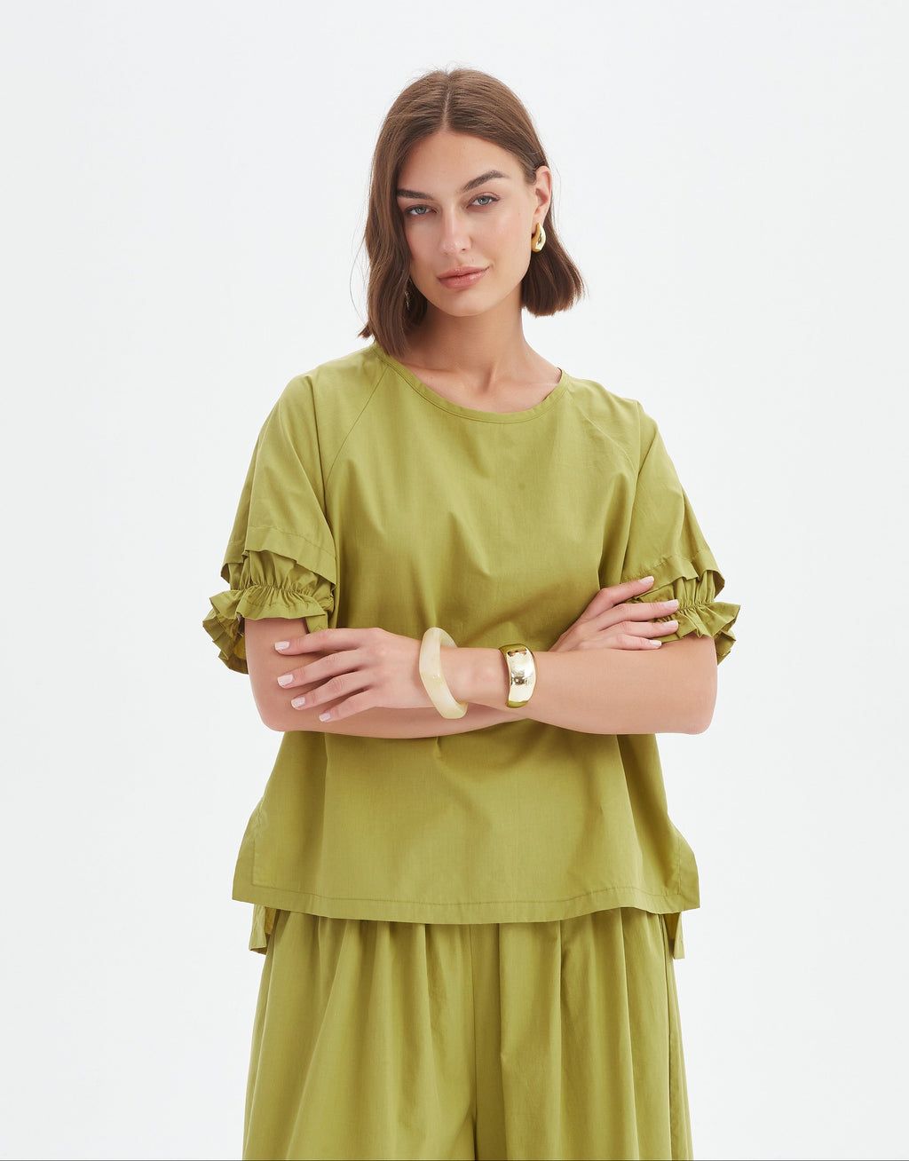 Ruffle Sleeve Lyocell Top - Spilt Pea