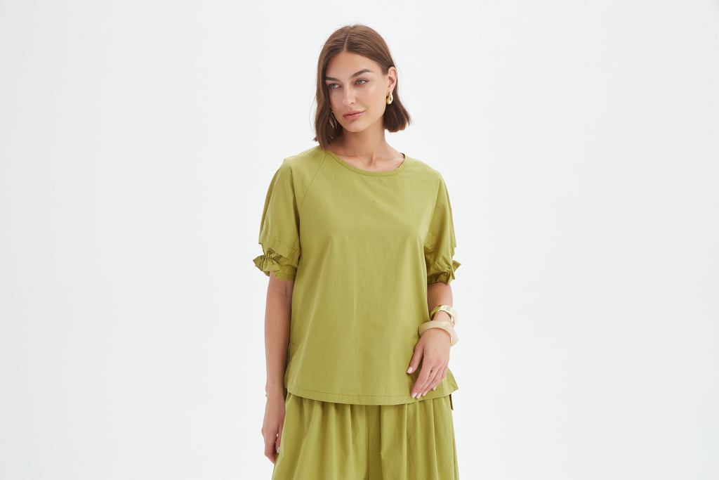 Ruffle Sleeve Lyocell Top - Spilt Pea