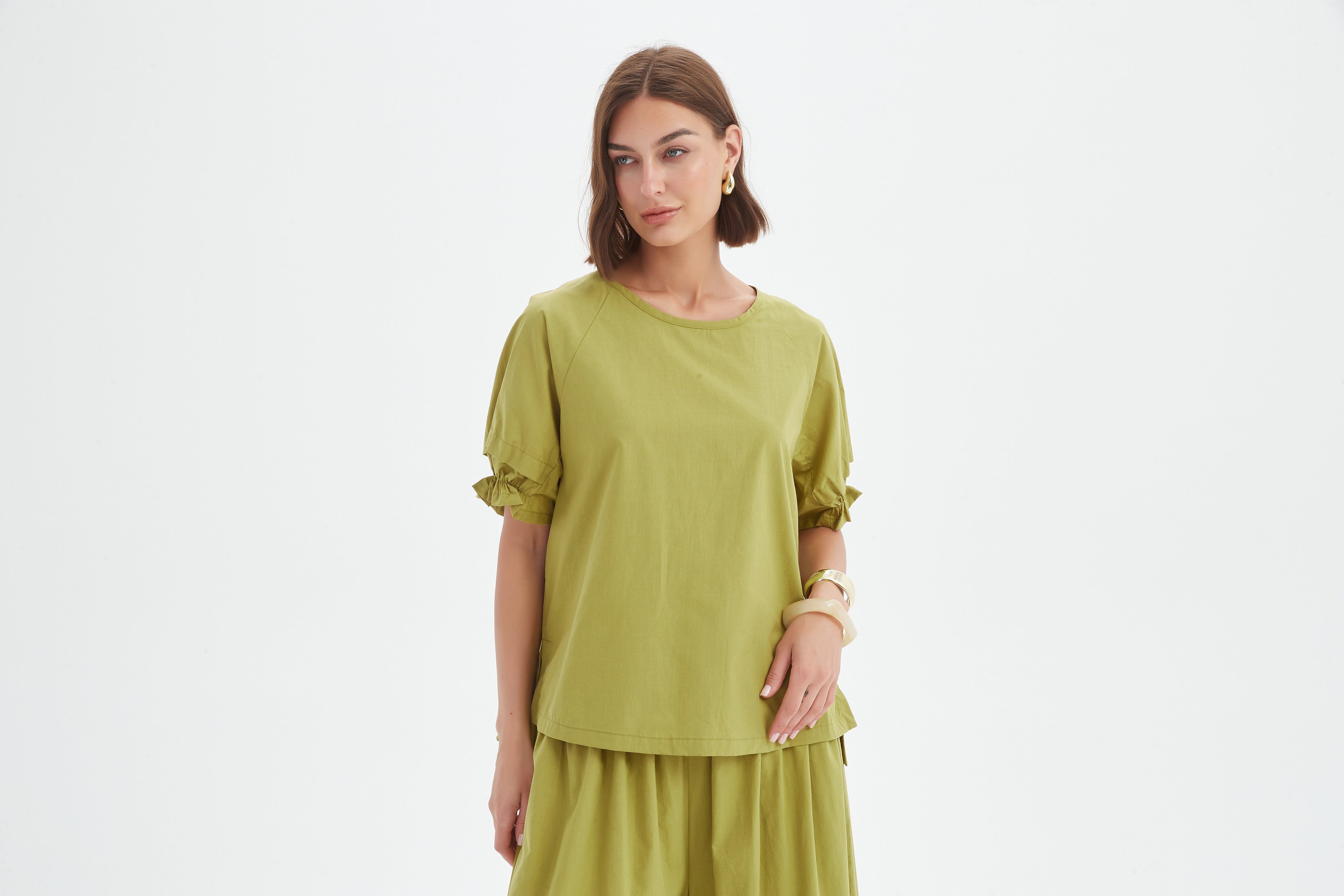 Ruffle Sleeve Lyocell Top - Spilt Pea