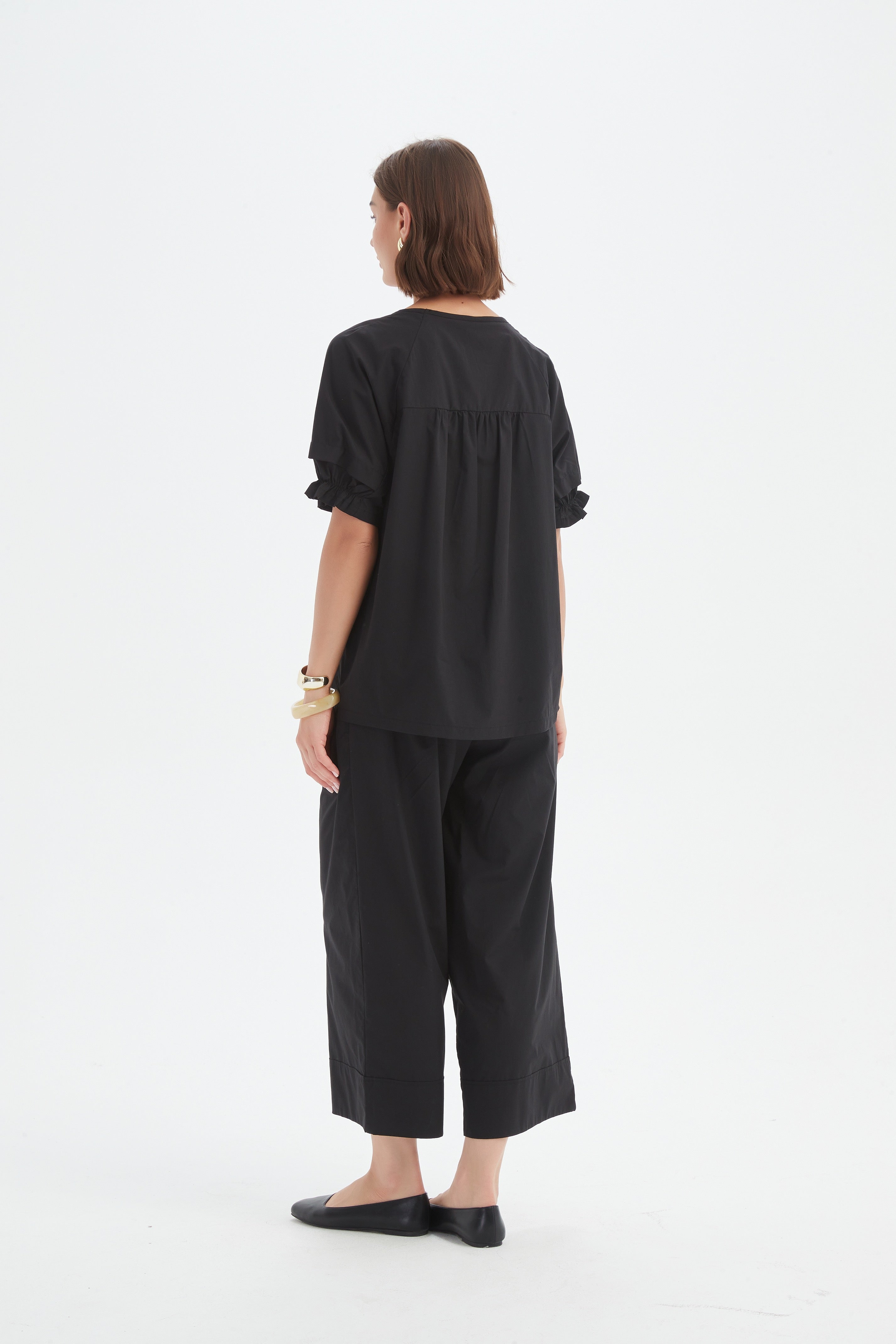 Ruffle Sleeve Lyocell Top - Black