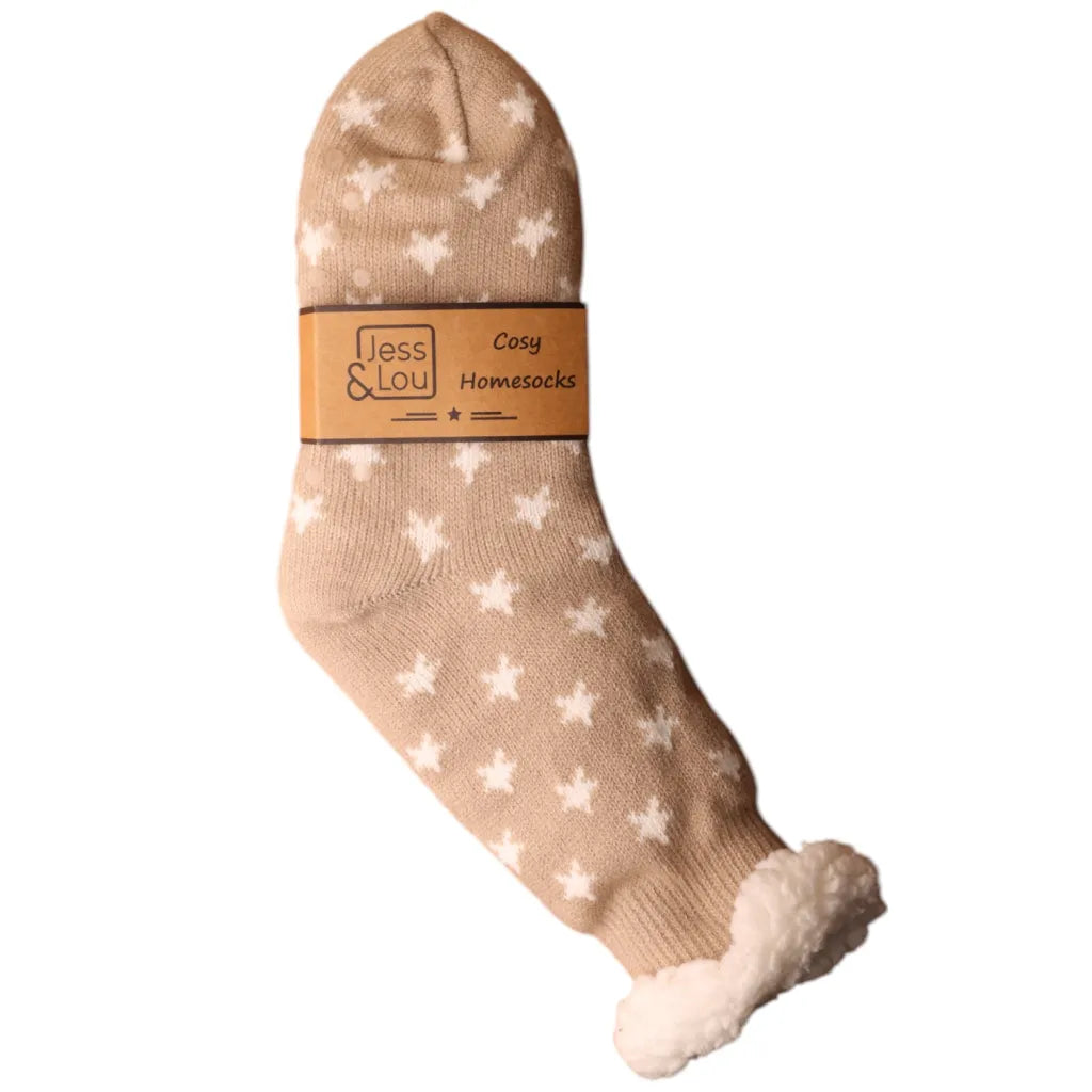 Taupe and white stars cosy slipper socks