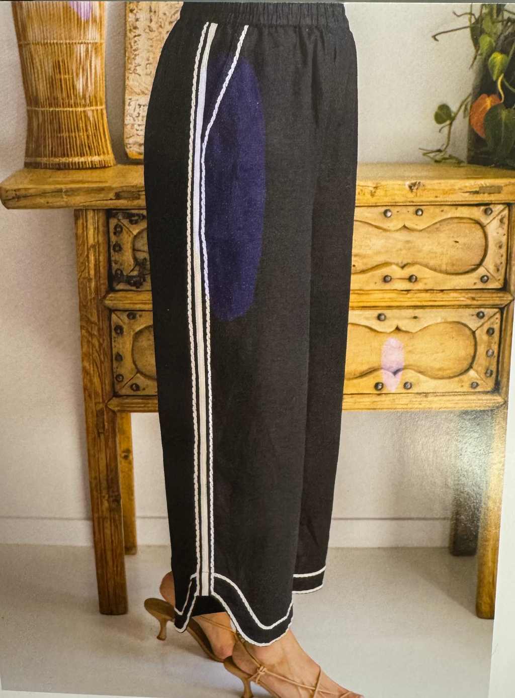 Linen Embroidery Trim, Wide Leg Pant - Black/Natural