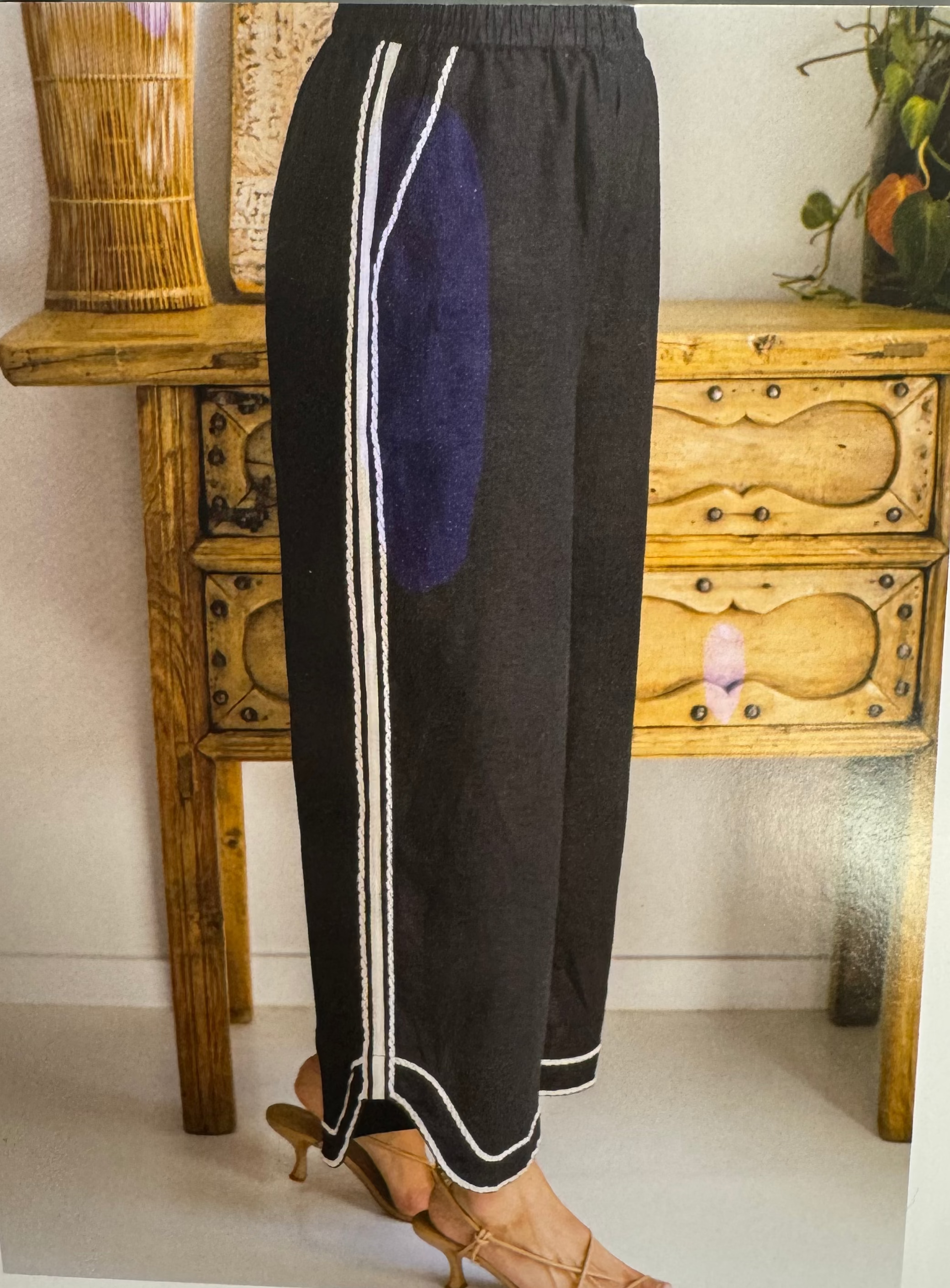 Linen Embroidery Trim, Wide Leg Pant - Black/Natural