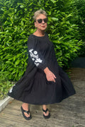 Puff Sleeve Flower Dress - Black/White