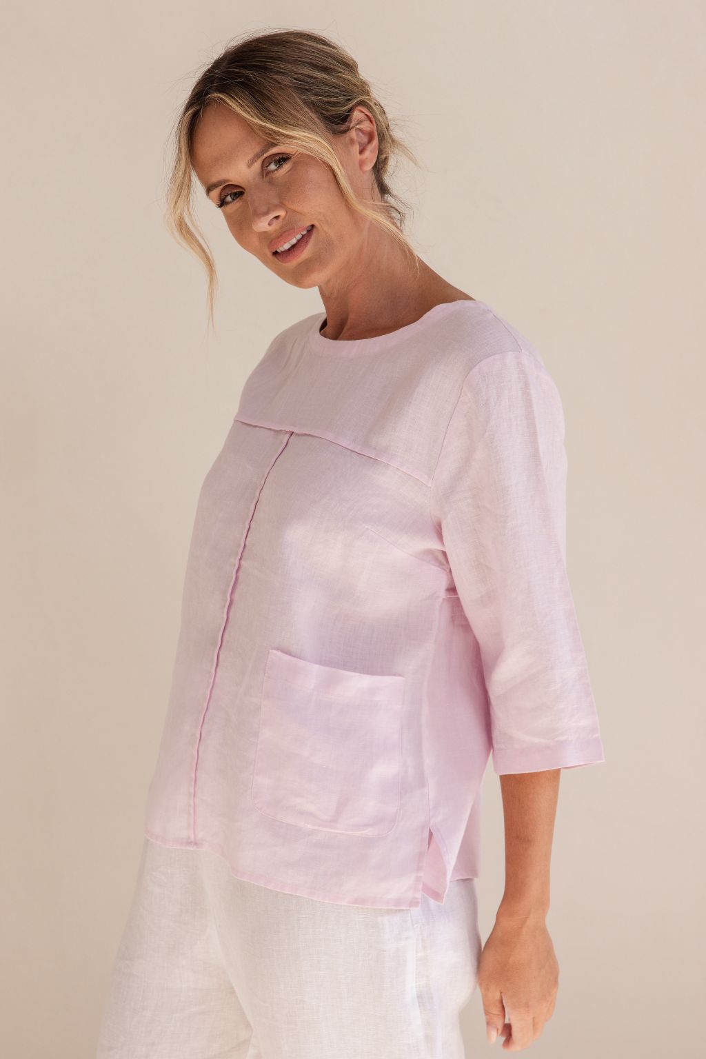 Linen 3/4 Sleeve Seam Detail Top - Pink