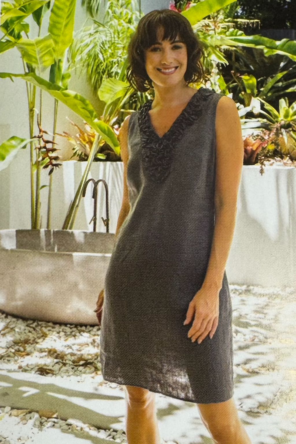 Linen Ruffle Front Dress - Charcoal