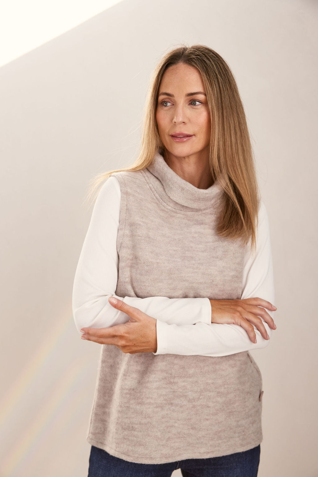 Boiled Wool Cowl Neck Vest - Natural
