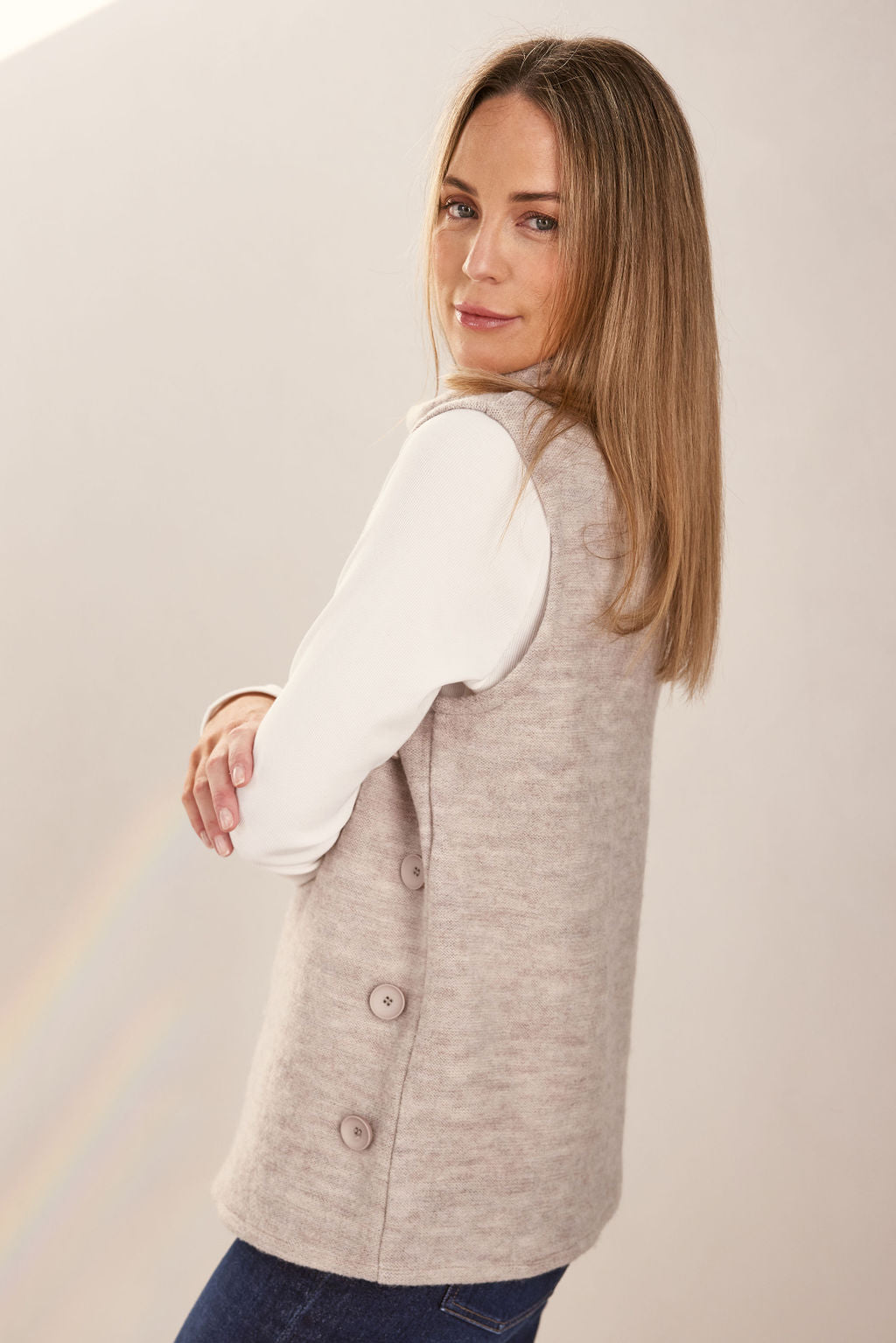 Boiled Wool Cowl Neck Vest - Natural