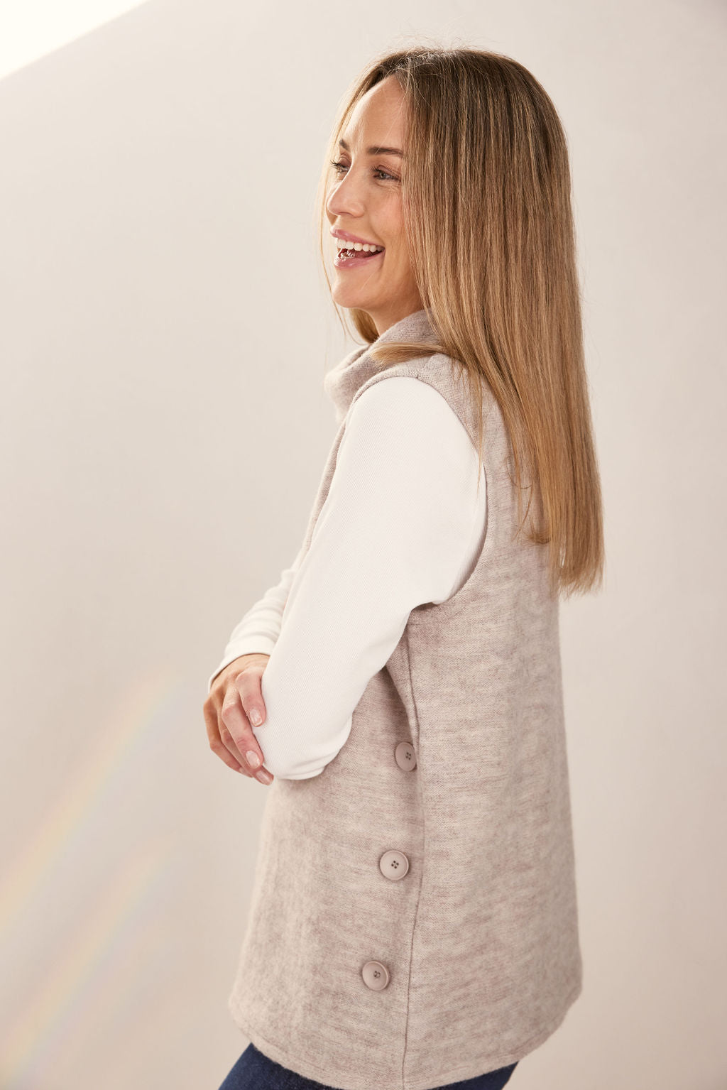 Boiled Wool Cowl Neck Vest - Natural