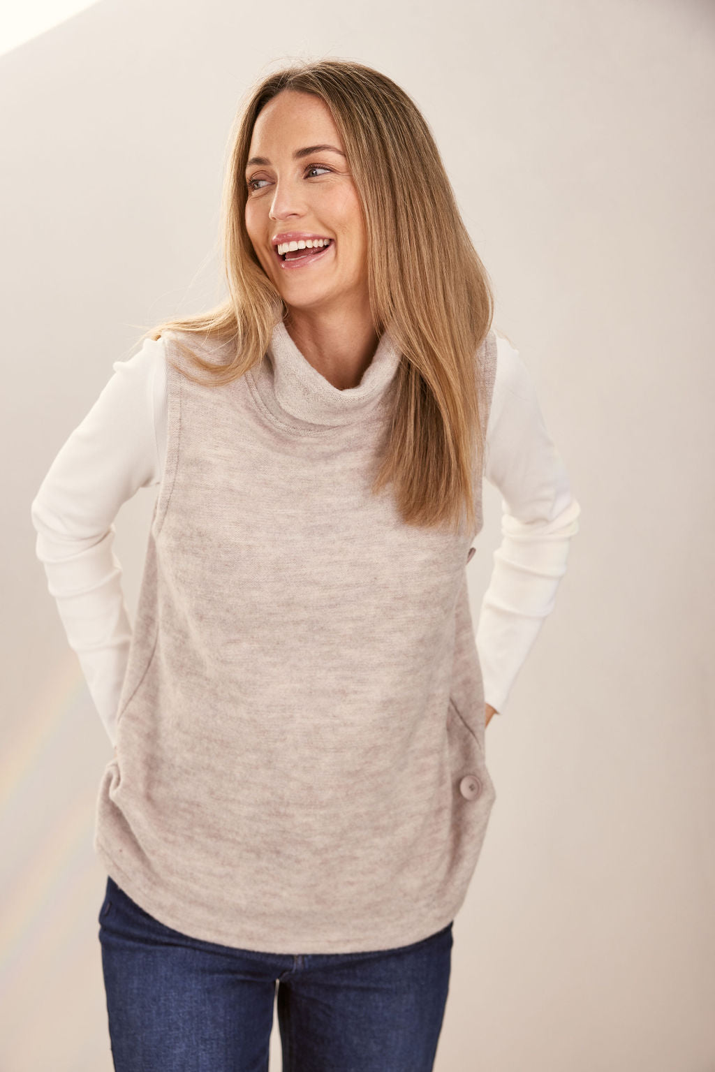 Boiled Wool Cowl Neck Vest - Natural