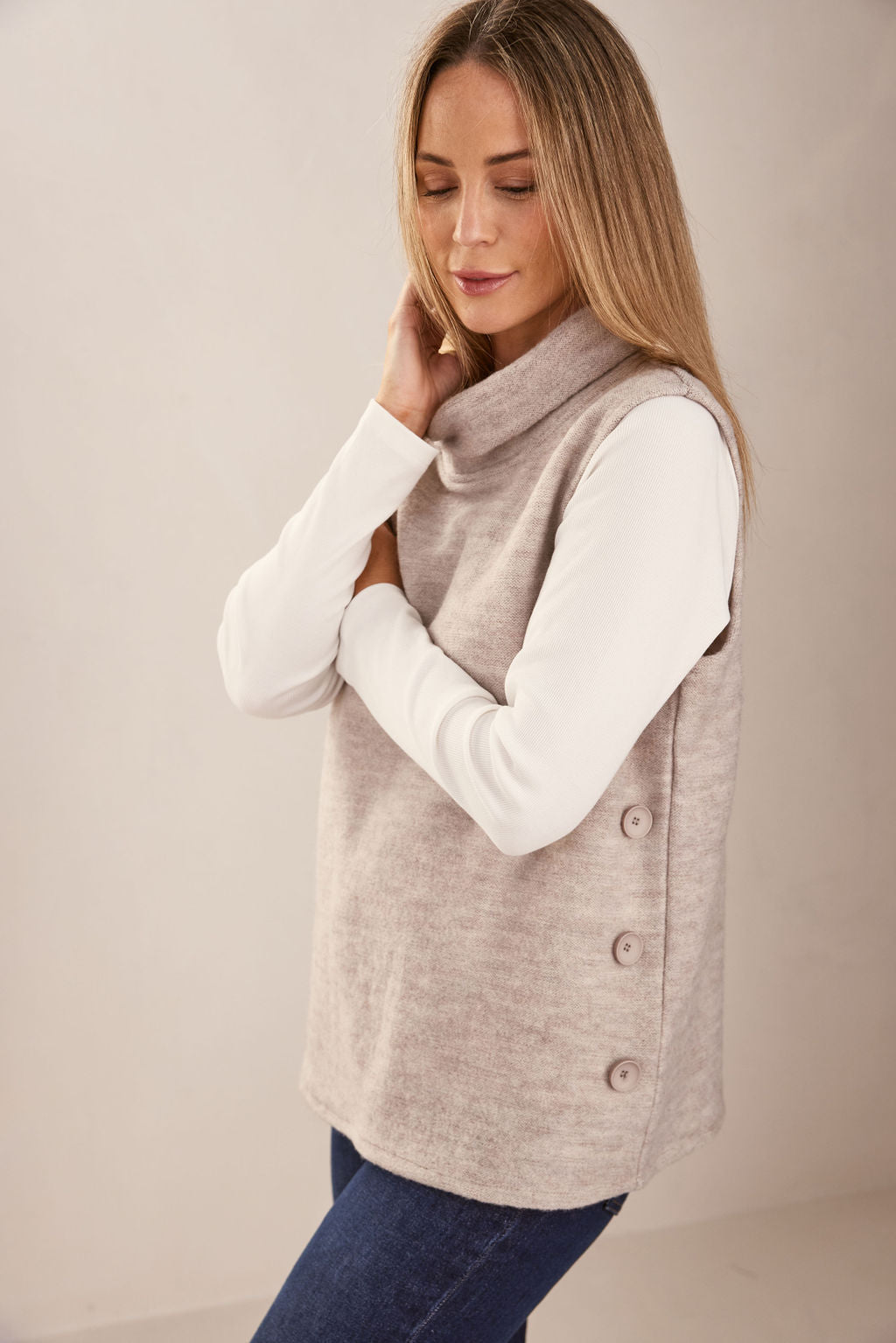 Boiled Wool Cowl Neck Vest - Natural