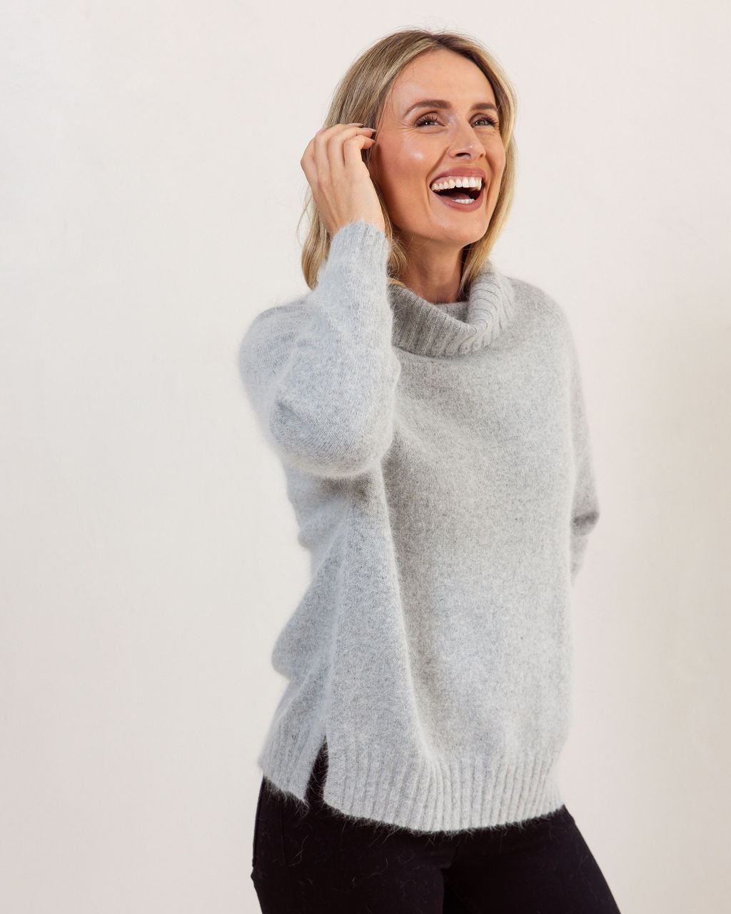 Angora, Nylon Roll Neck Sweater - Silver