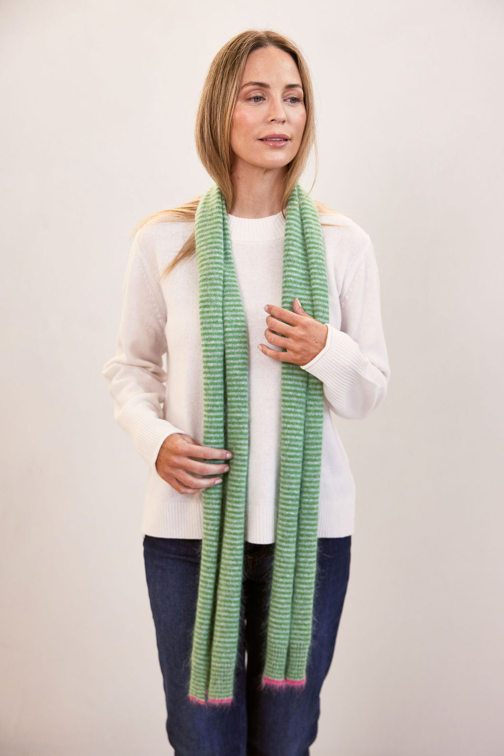 Angora Nylon Thin Stripe Scarf - Silver/Apple