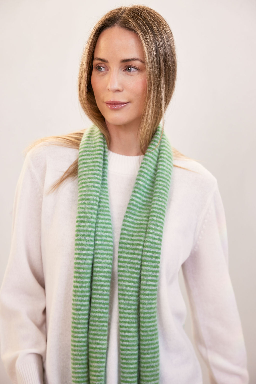 Angora Nylon Thin Stripe Scarf - Silver/Apple