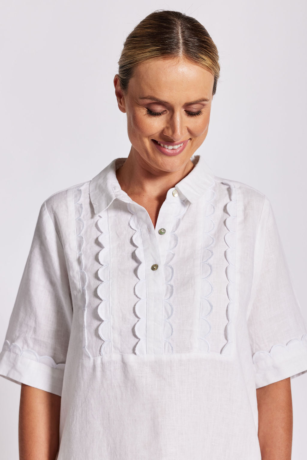 Linen Collard Lace Front Dress - White