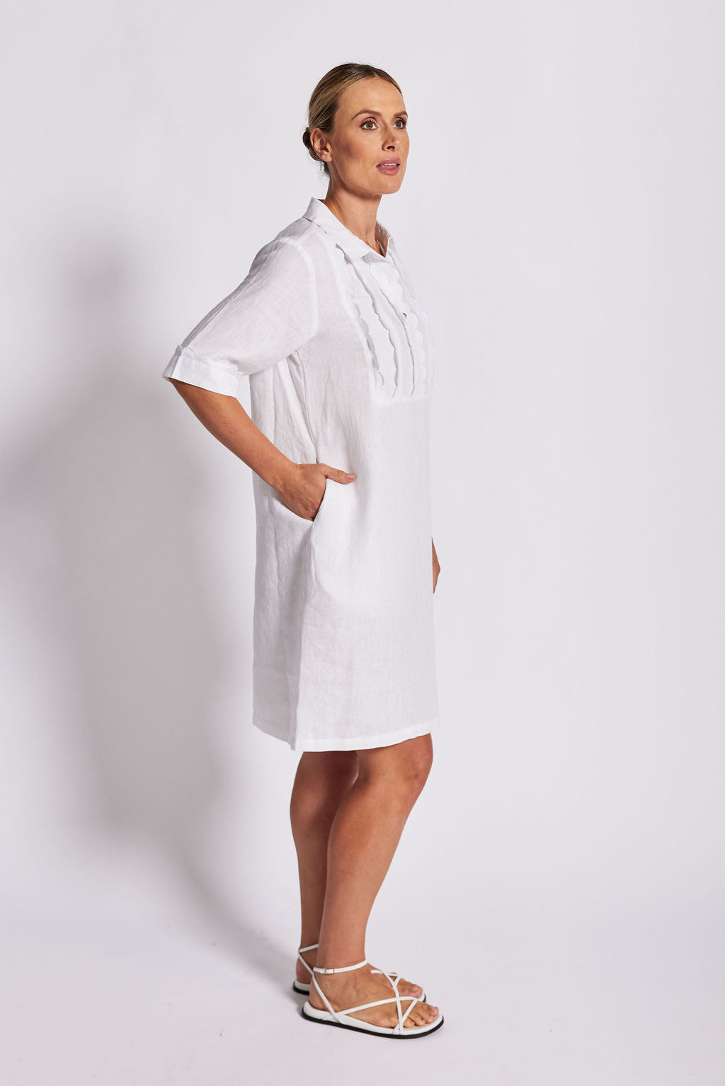 Linen Collard Lace Front Dress - White