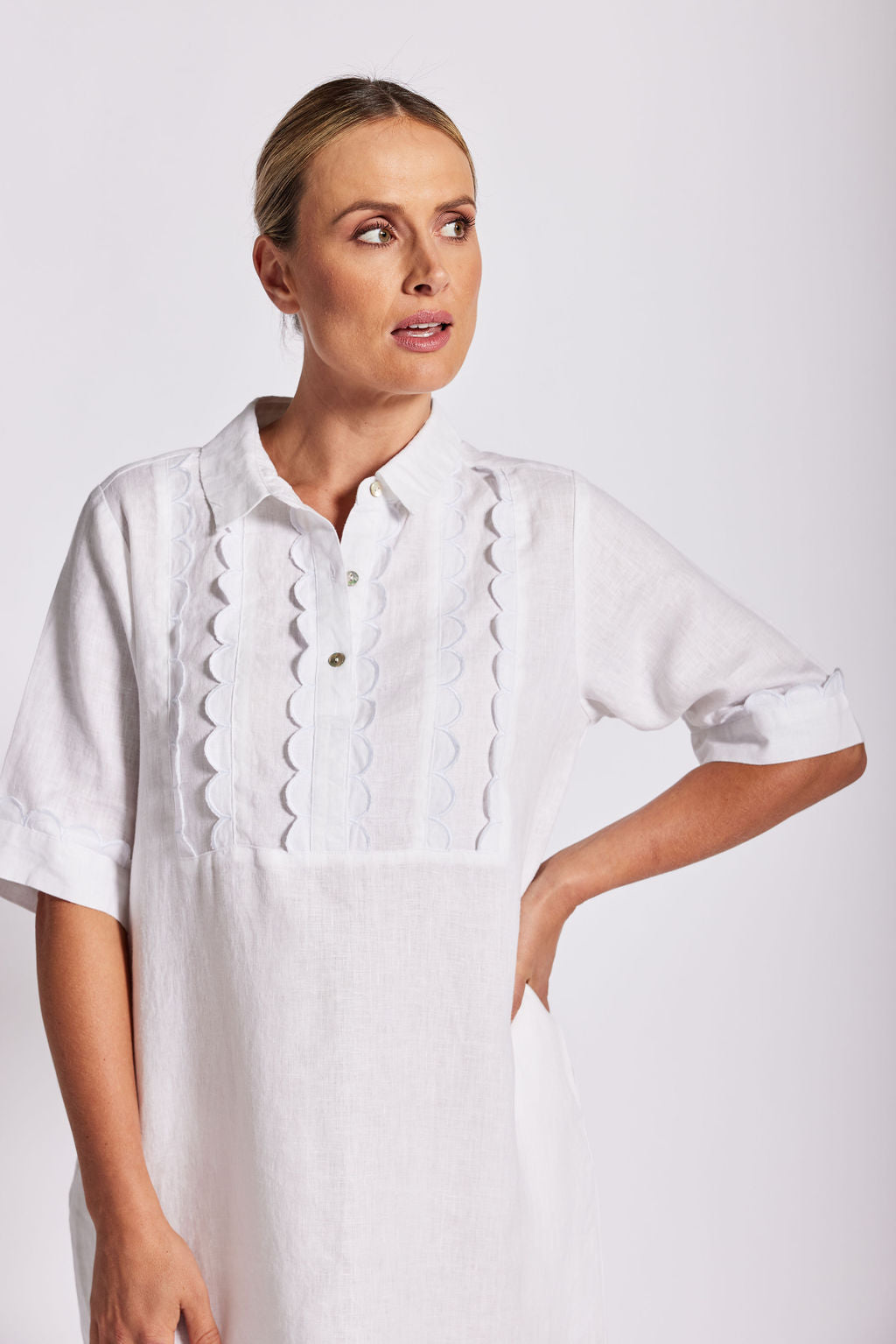 Linen Collard Lace Front Dress - White