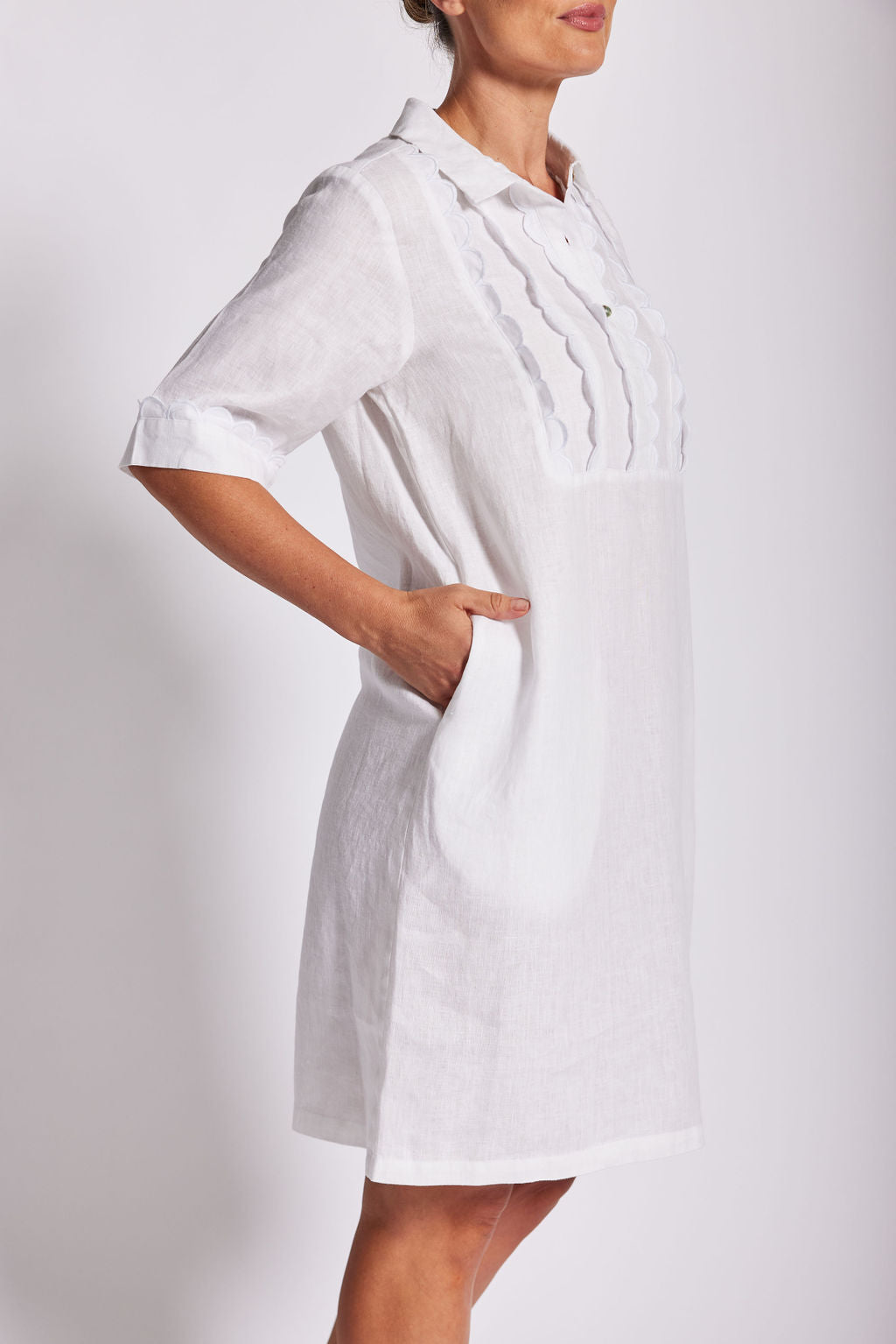 Linen Collard Lace Front Dress - White