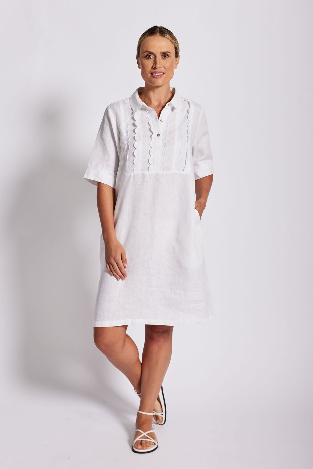 Linen Collard Lace Front Dress - White