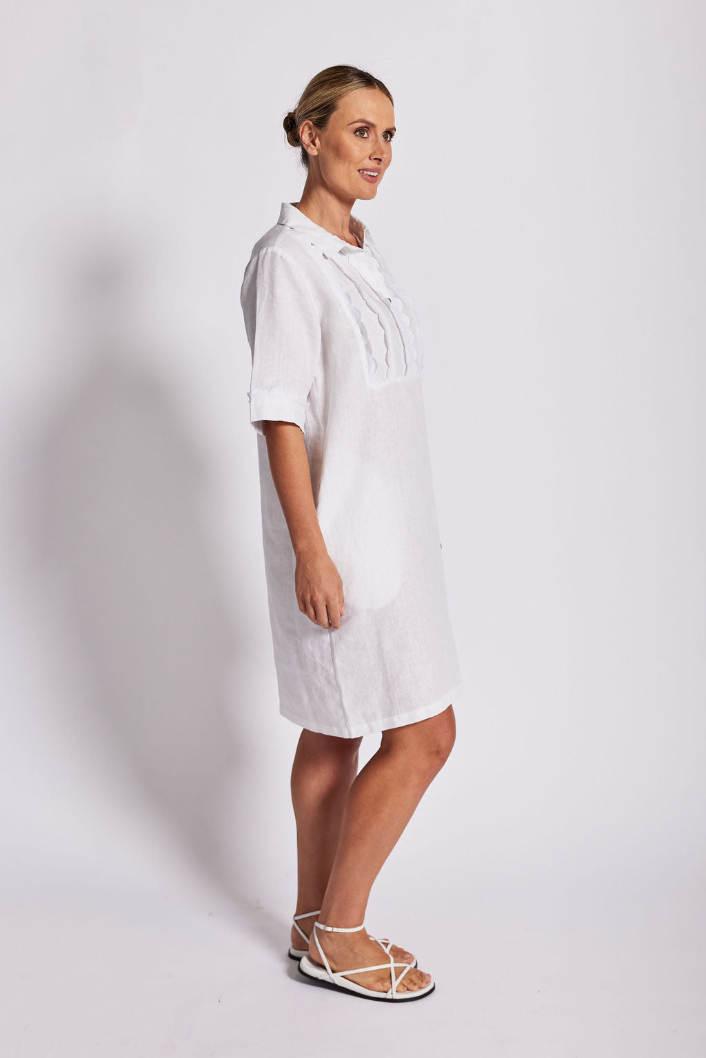 Linen Collard Lace Front Dress - White