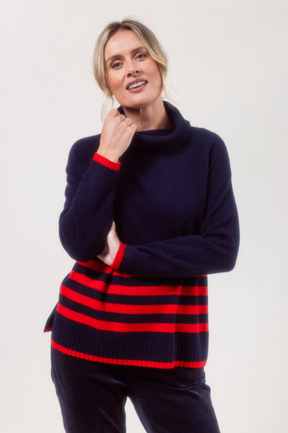 Roll Neck Stripe Jumper - Navy/Red
