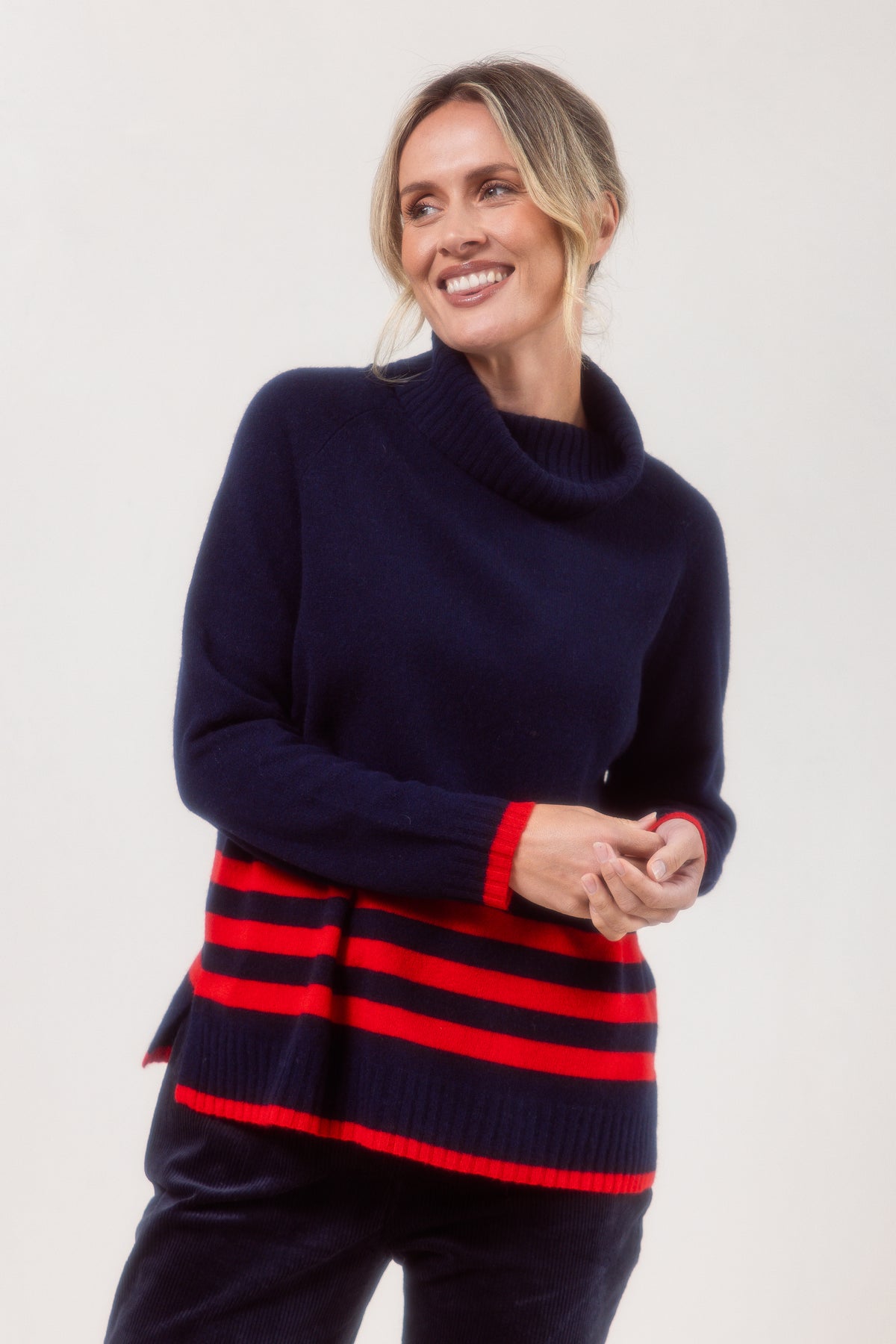 Roll Neck Stripe Jumper - Navy/Red