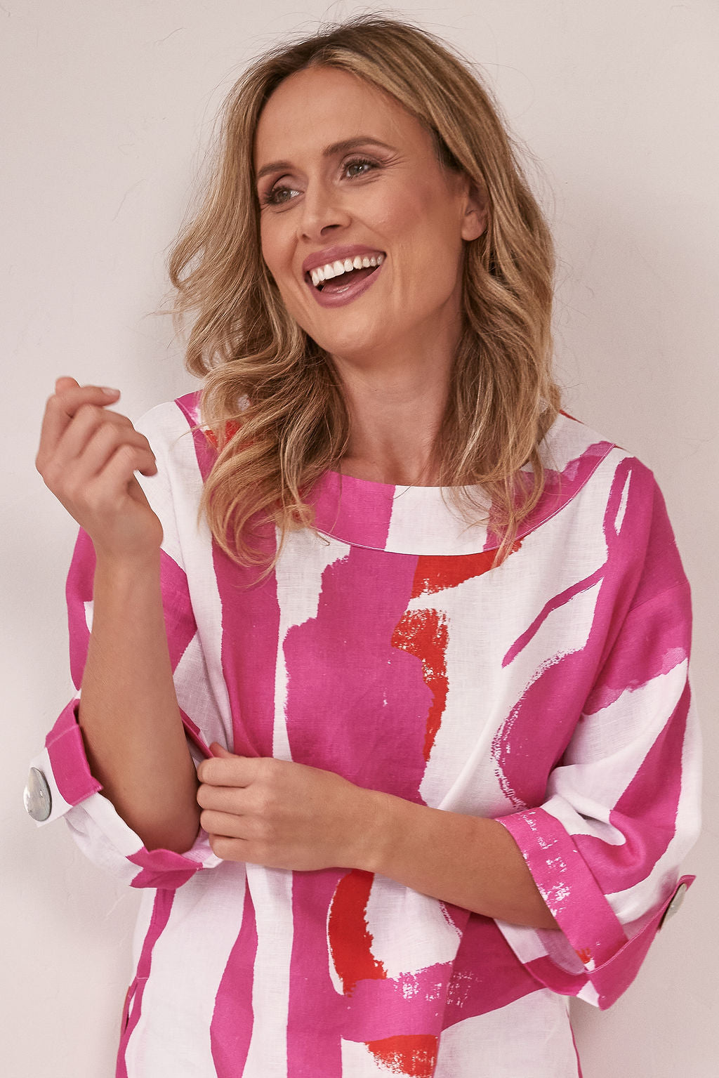 Linen 3/4 Sleeve Top With Button - Pink/White