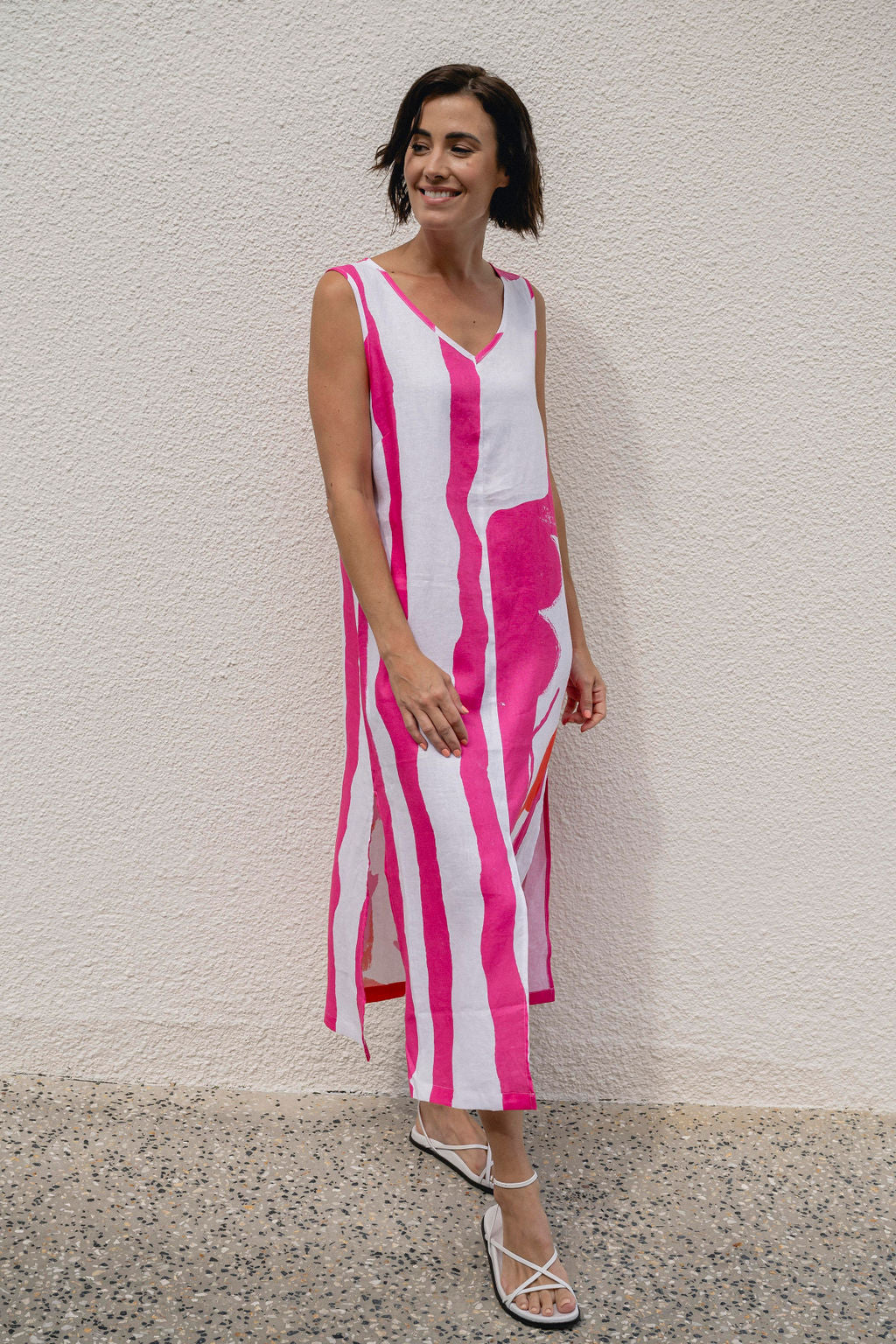 Linen Soft Sleeveless Maxi Dress - Pink/White