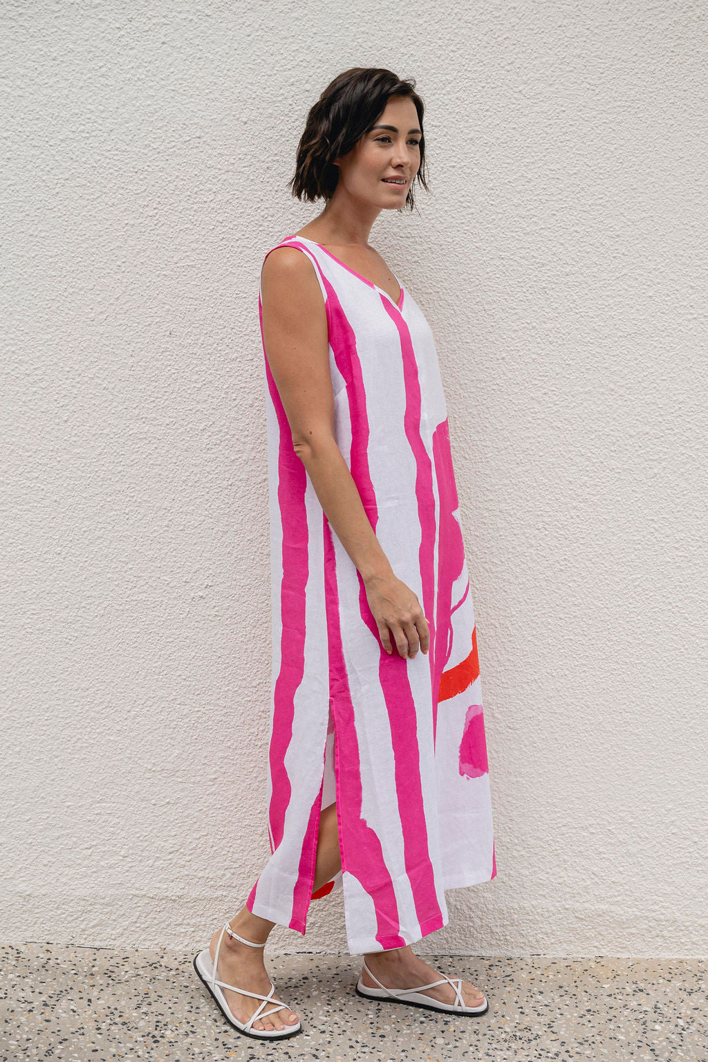 Linen Soft Sleeveless Maxi Dress - Pink/White