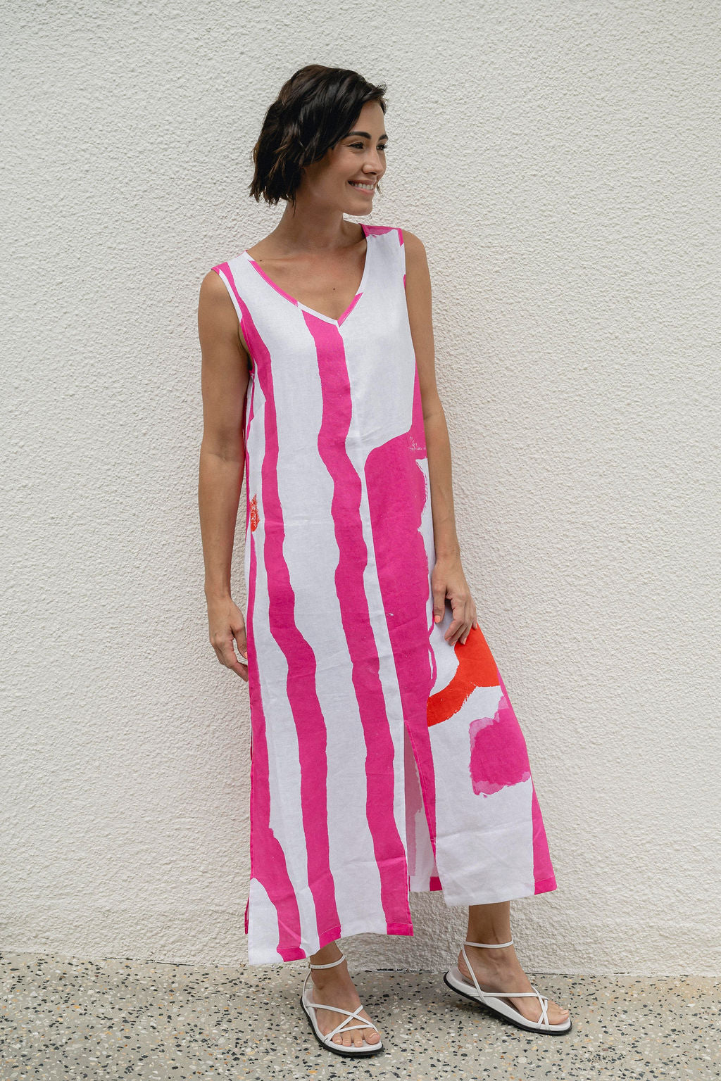 Linen Soft Sleeveless Maxi Dress - Pink/White