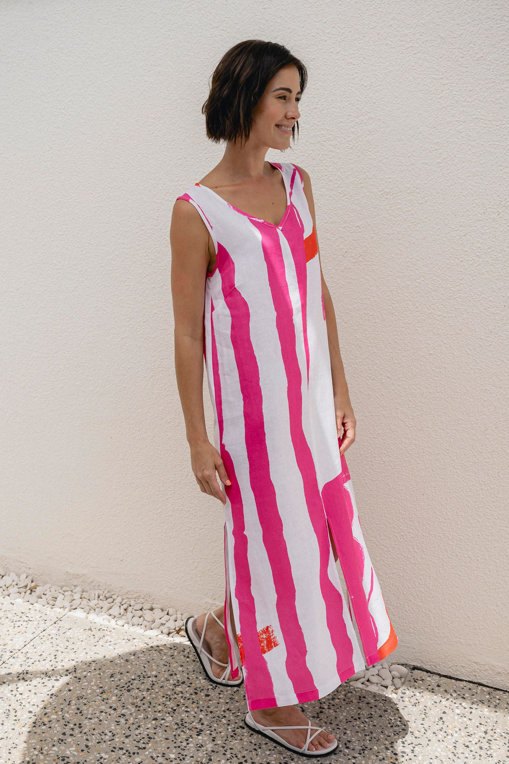 Linen Soft Sleeveless Maxi Dress - Pink/White