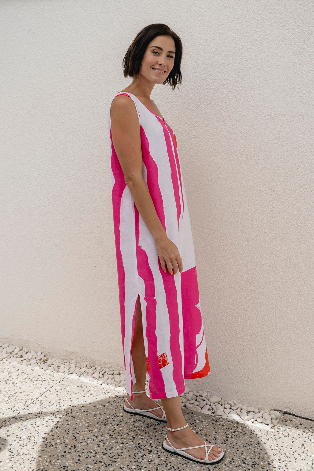 Linen Soft Sleeveless Maxi Dress - Pink/White
