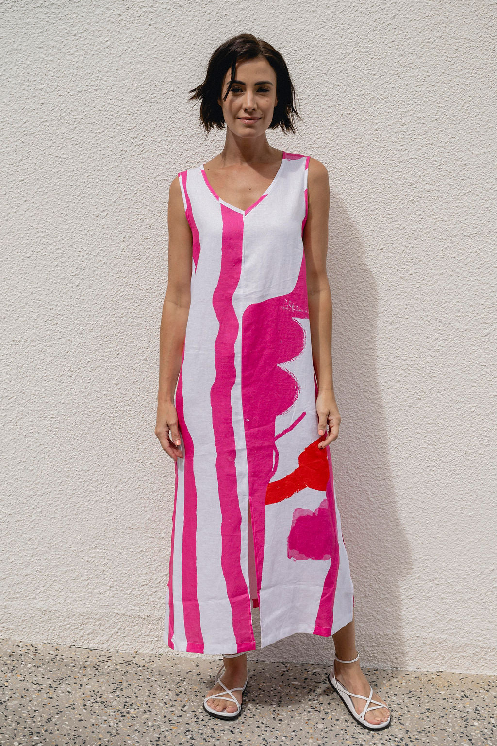 Linen Soft Sleeveless Maxi Dress - Pink/White