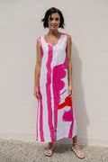 Linen Soft Sleeveless Maxi Dress - Pink/White
