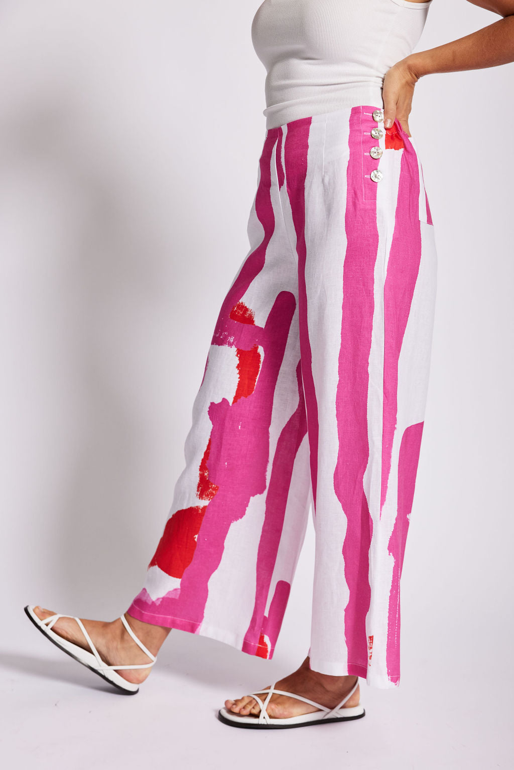 Linen Palazzo Pant - Pink/White