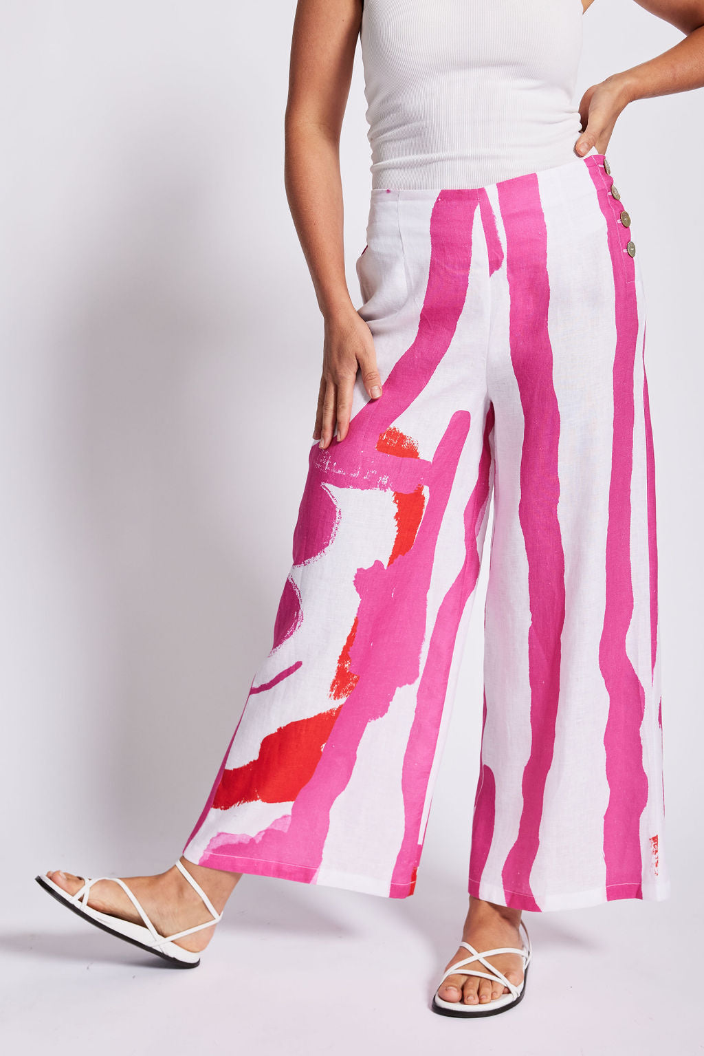 Linen Palazzo Pant - Pink/White