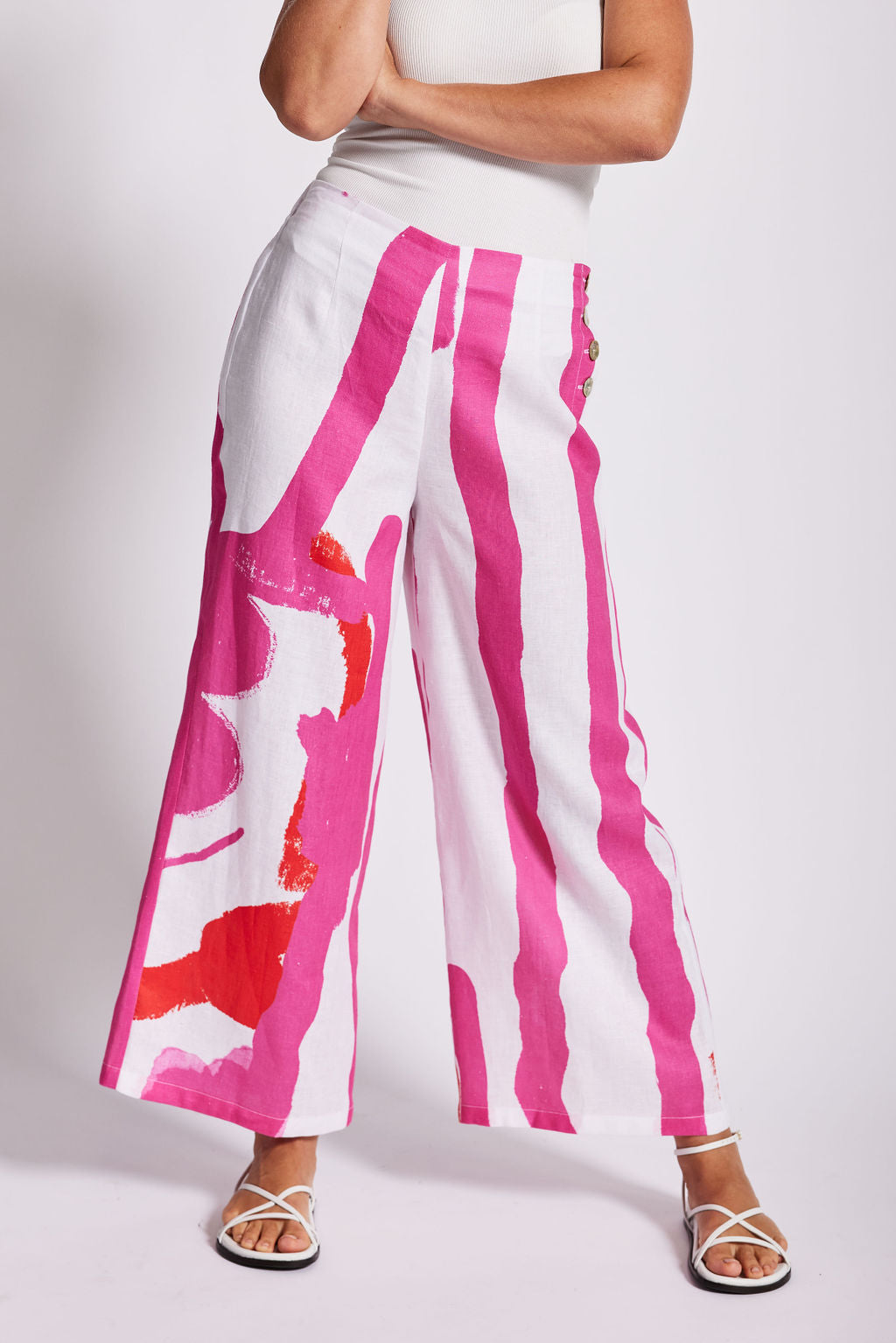 Linen Palazzo Pant - Pink/White