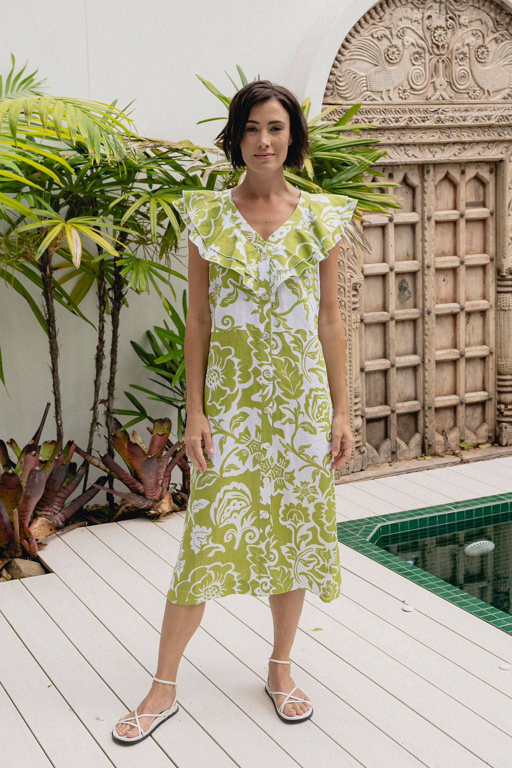Linen Wimbledon Dress Vine - Green/White