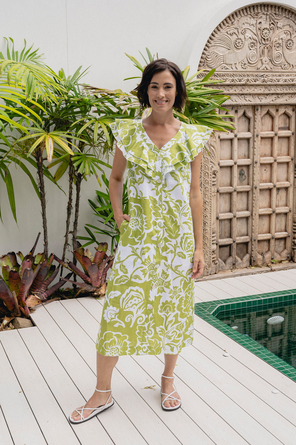 Linen Wimbledon Dress Vine - Green/White