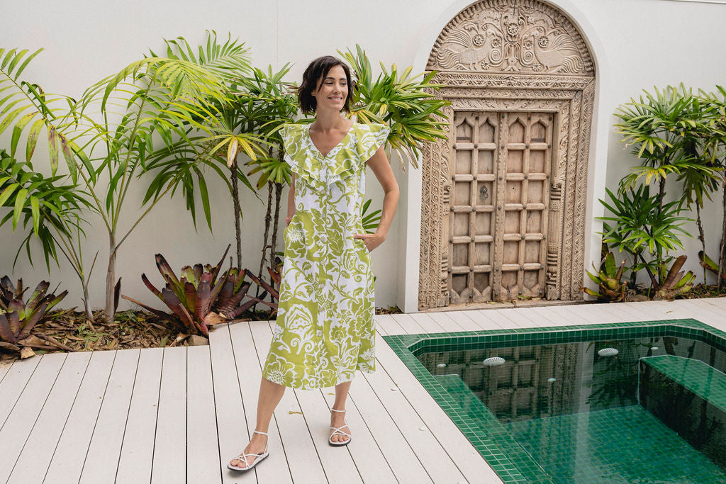 Linen Wimbledon Dress Vine - Green/White