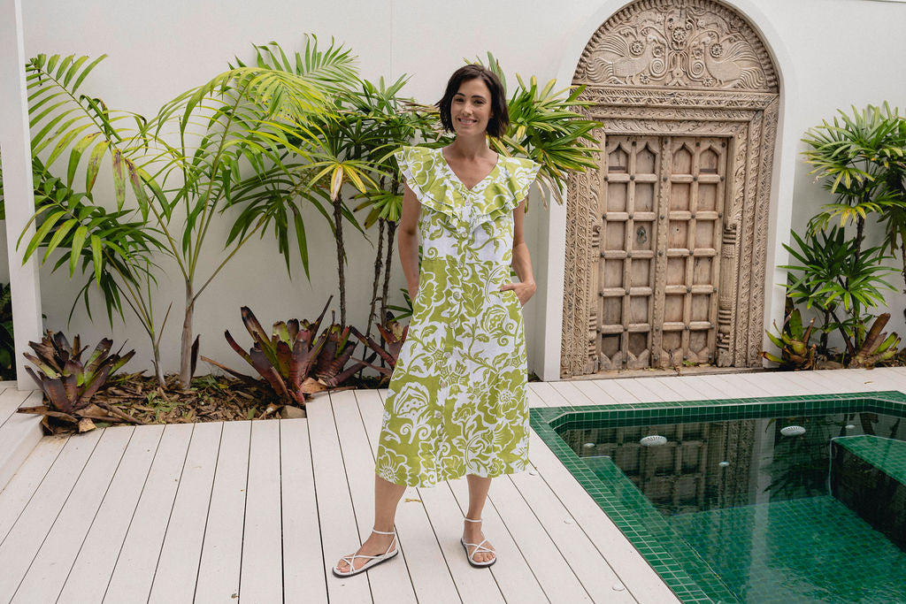Linen Wimbledon Dress Vine - Green/White