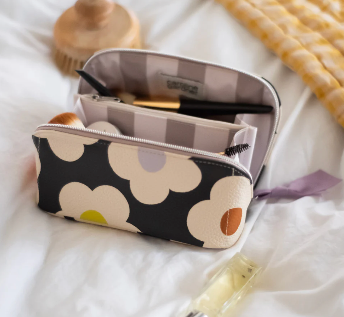 Multi Flower Charcoal Flat Lay Cosmetic Bag