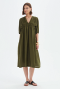 Puff Sleeve Gather Front Dress - Dark Moss