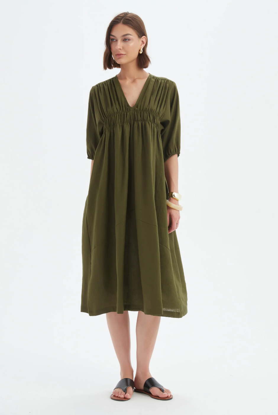 Puff Sleeve Gather Front Dress - Dark Moss